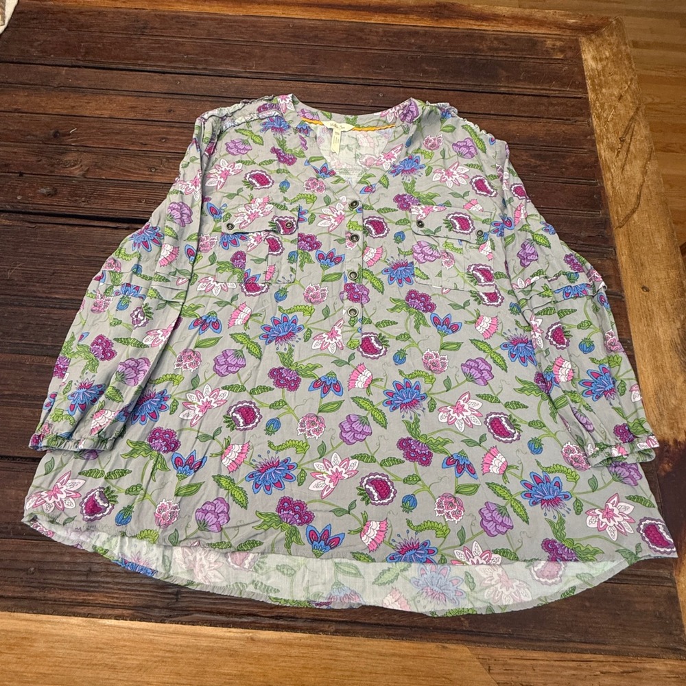Matilda Jane Thinking Out Loud Floral Henley Blouse Gray Purple XXL Rayon Boho - Picture 2 of 9